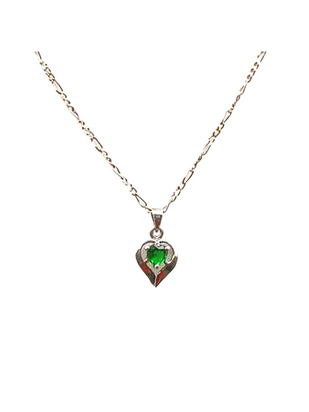 Sterling Silver Heart Pendant Necklace with Green Gemstone & Delicate Figaro Cha